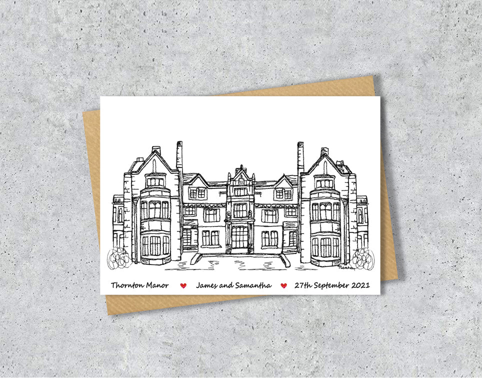 Wedding / Anniversary card with a black and white textile illustration of Thornton Manor Wirral with personalised text.