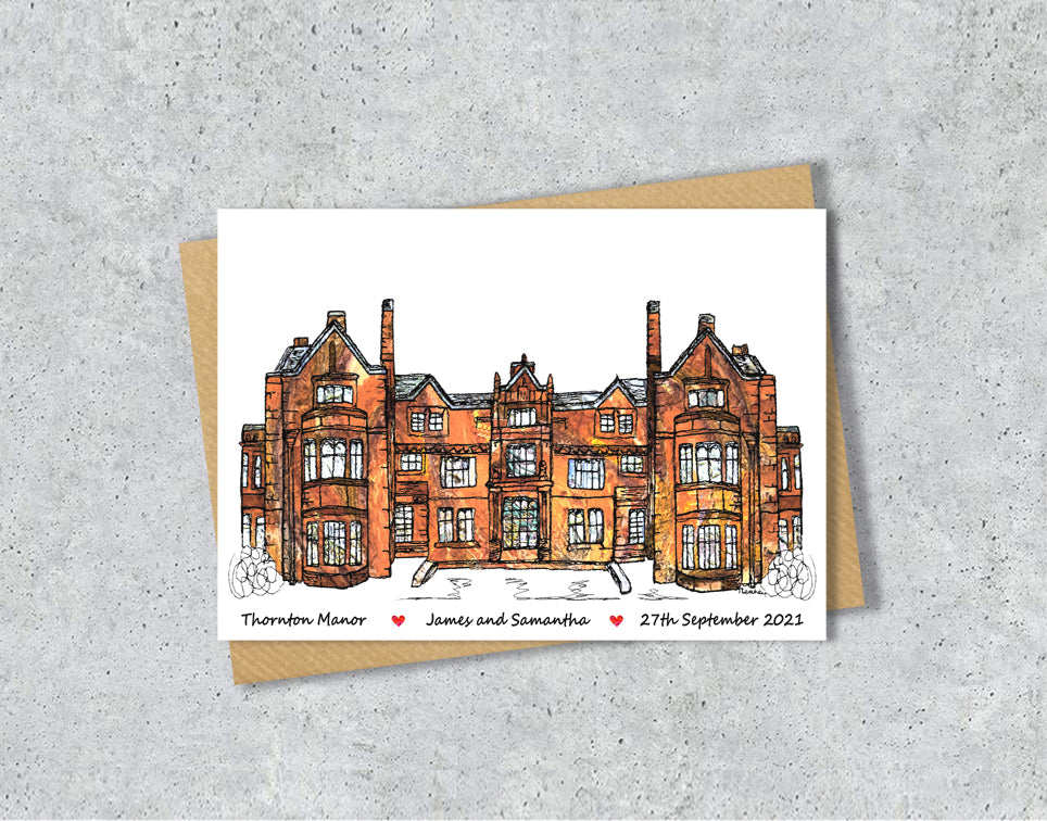 Wedding / Anniversary card with a textile illustration of Thornton Manor Wirral with personalised text.