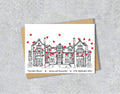 Wedding / Anniversary card with a black and white textile illustration of Thornton Manor Wirral and red hearts with personalised text.