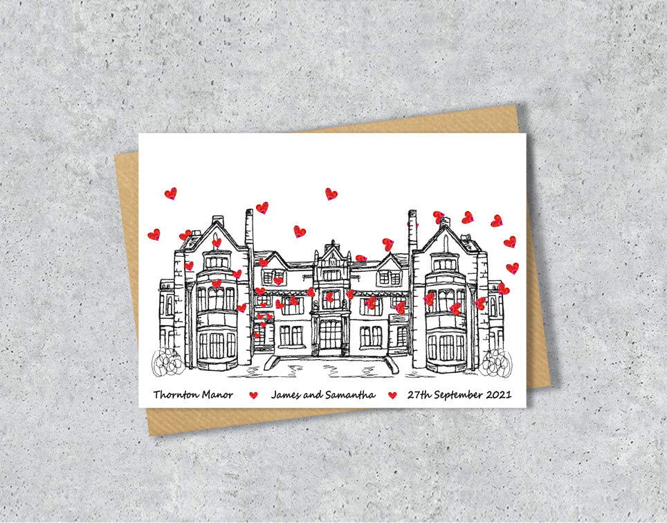 Wedding / Anniversary card with a black and white textile illustration of Thornton Manor Wirral and red hearts with personalised text.