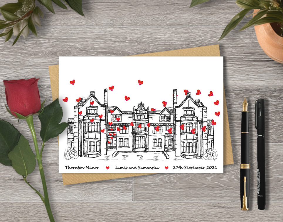 Wedding / Anniversary card with a black and white textile illustration of Thornton Manor Wirral and red hearts with personalised text.