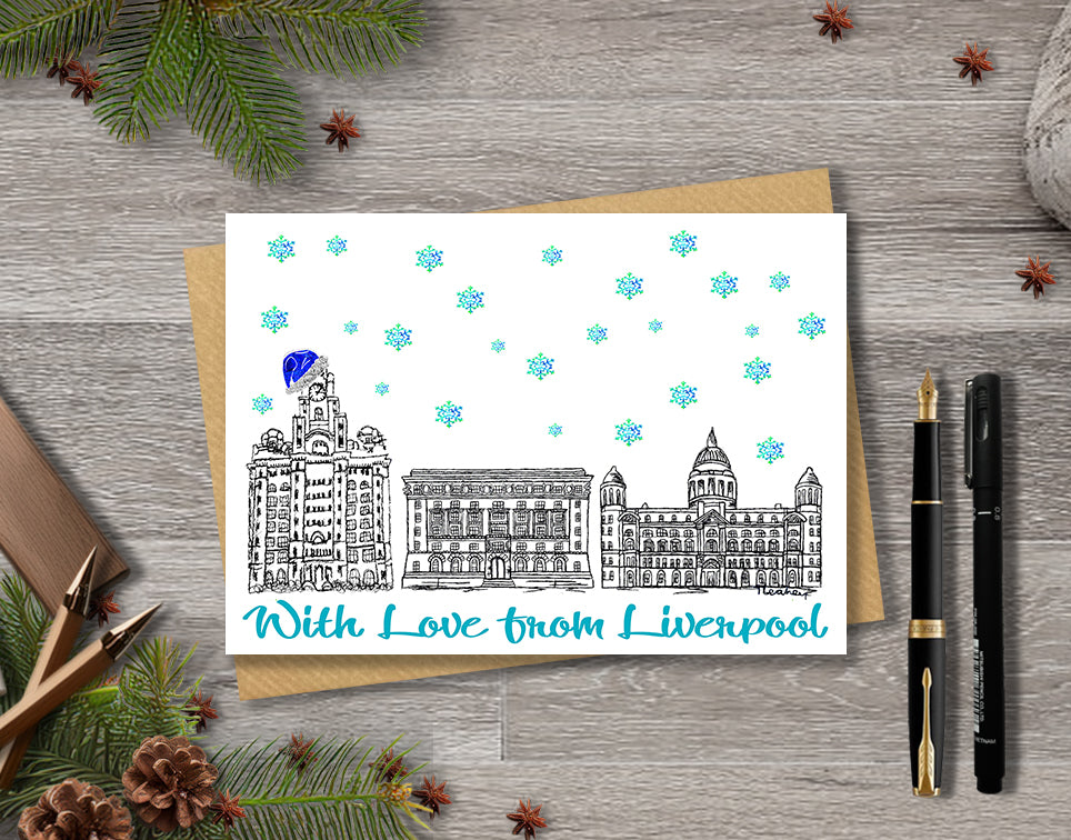 Everton Three Graces Christmas Card, Blue Hat, A5 Personalised Gift Card