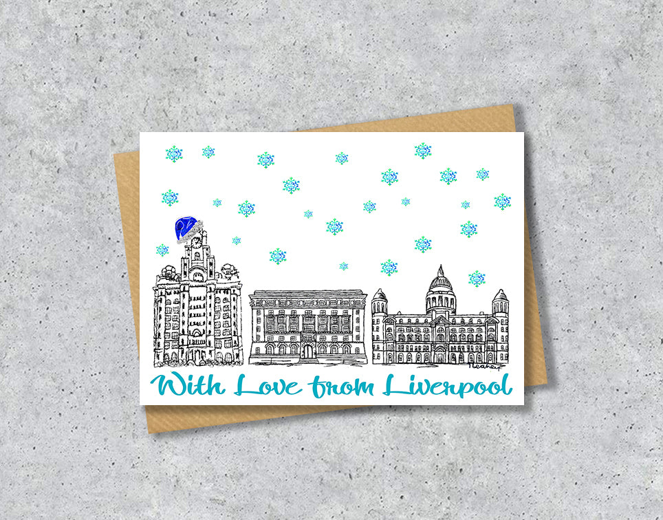 Everton Three Graces Christmas Card, Blue Hat, A5 Personalised Gift Card