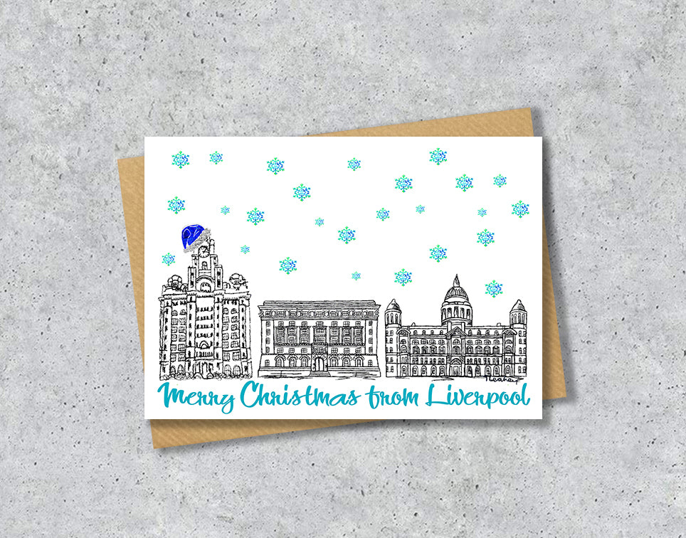 Everton Three Graces Christmas Card, Blue Hat, A5 Personalised Gift Card