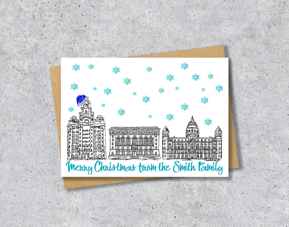 Everton Three Graces Christmas Card, Blue Hat, A5 Personalised Gift Card