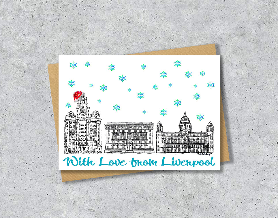 Liverpool Three Graces Christmas Card, Red Hat, A5 Personalised Gift Card