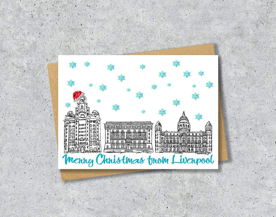 Liverpool Three Graces Christmas Card, Red Hat, A5 Personalised Gift Card