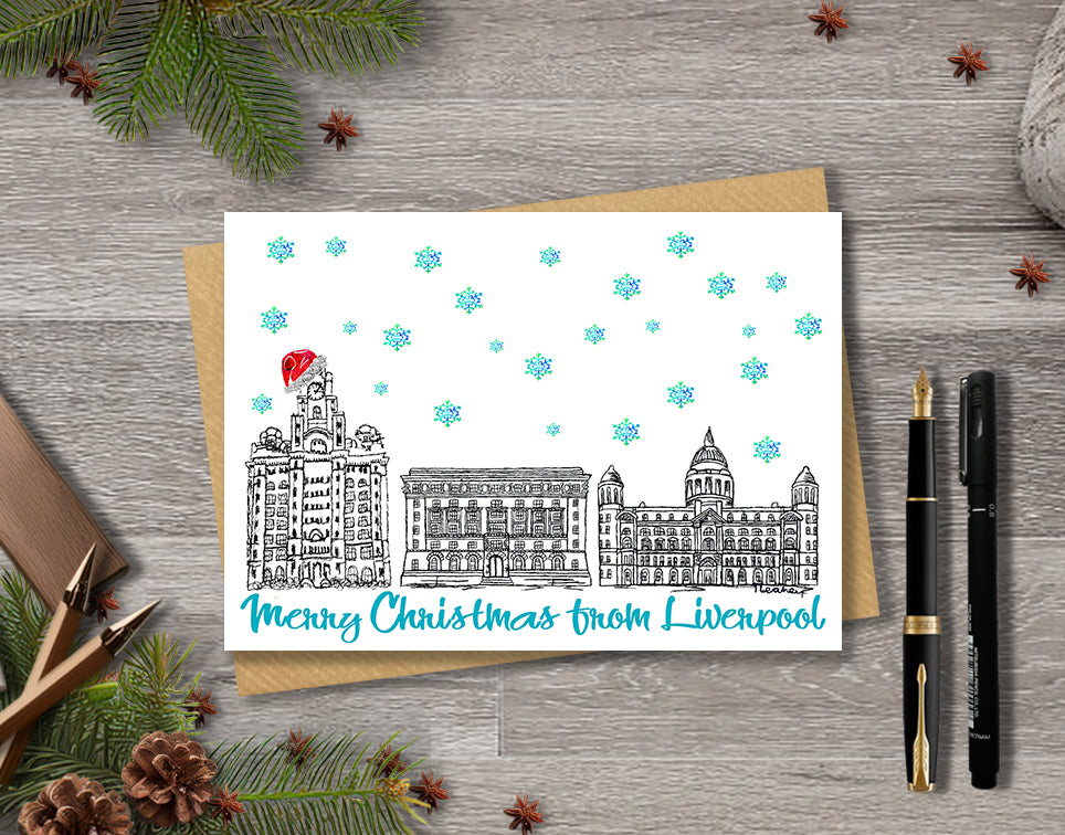 Liverpool Three Graces Christmas Card, Red Hat, A5 Personalised Gift Card