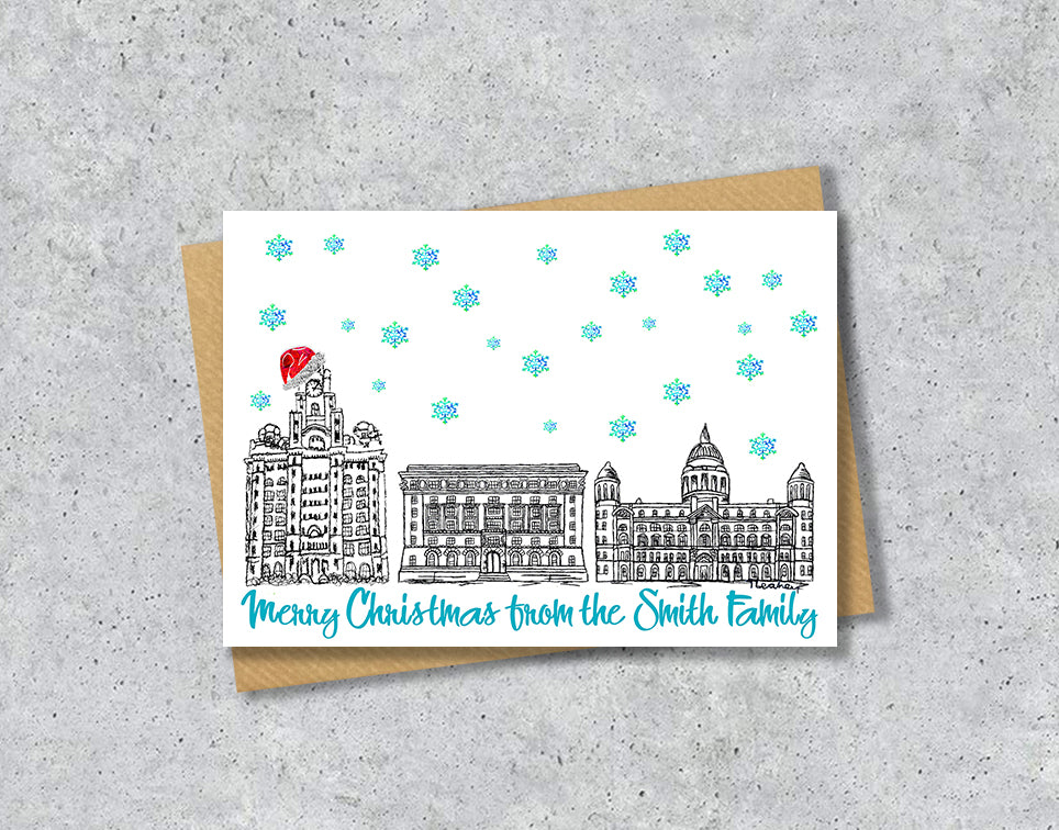 Liverpool Three Graces Christmas Card, Red Hat, A5 Personalised Gift Card