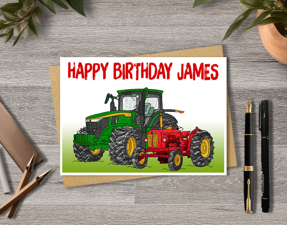 Birthday card with green and red tractors and 'Happy Birthday James' 