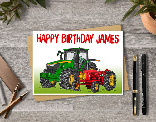 Birthday card with green and red tractors and 'Happy Birthday James' 