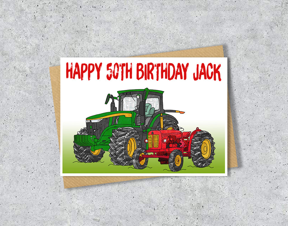 Birthday card with two tractors and 'Happy 50th Birthday Jack' 