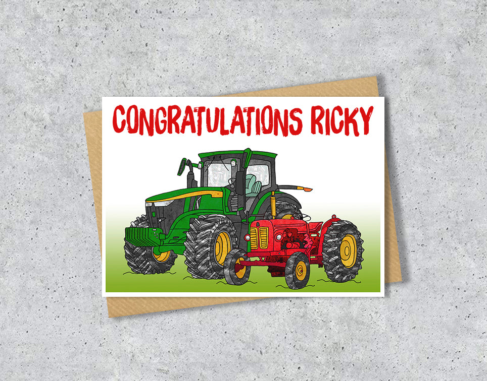 Greeting card with two tractors and 'Congratulations Ricky' 