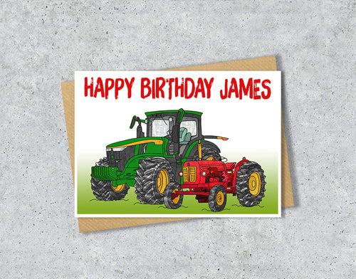 Birthday card with green and red tractors and 'Happy Birthday James' 
