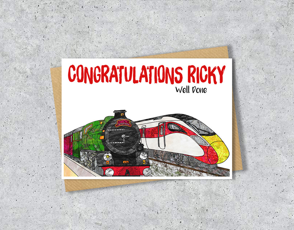 Greeting card with train illustration and 'Congratulations Ricky' 