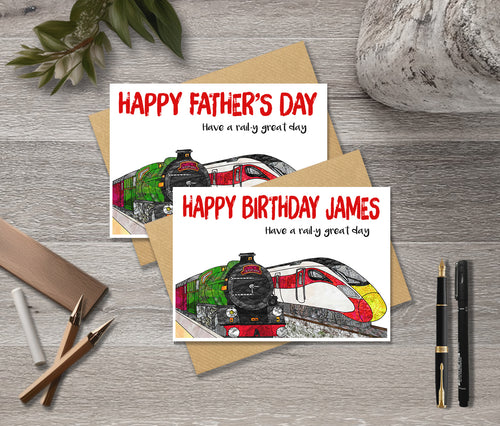 A5 Train Birthday Personalised Card, Congratulations, Father's day card, Train enthusiasts, have a rail-y great day