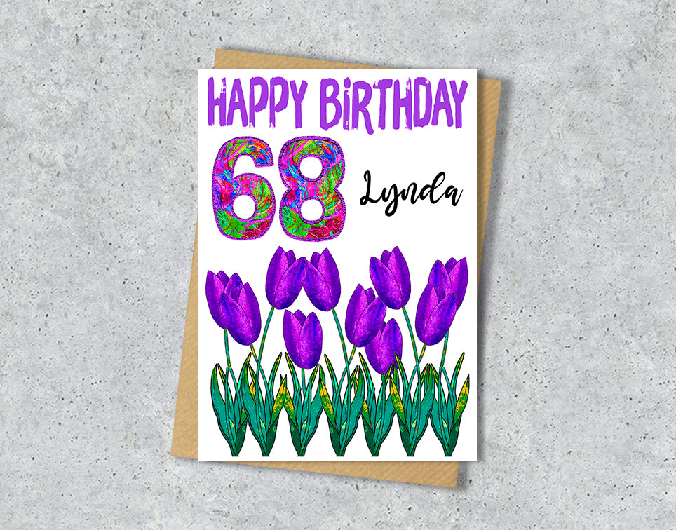 Birthday card with purple tulips and colorful number '68'.