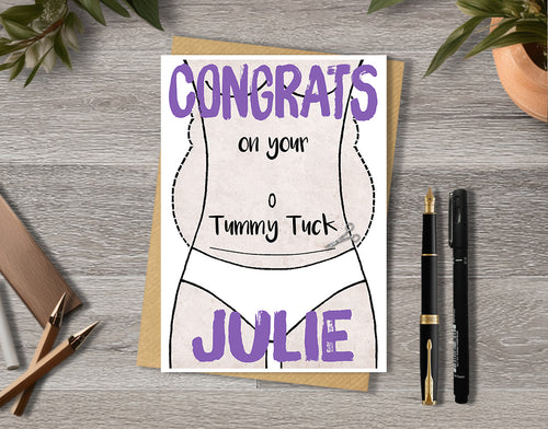 Greeting card with a tummy tuck illustration saying "congrats on your tummy tuck" with personalised text.