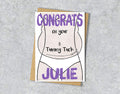Greeting card with a tummy tuck illustration saying "congrats on your tummy tuck" with personalised text.
