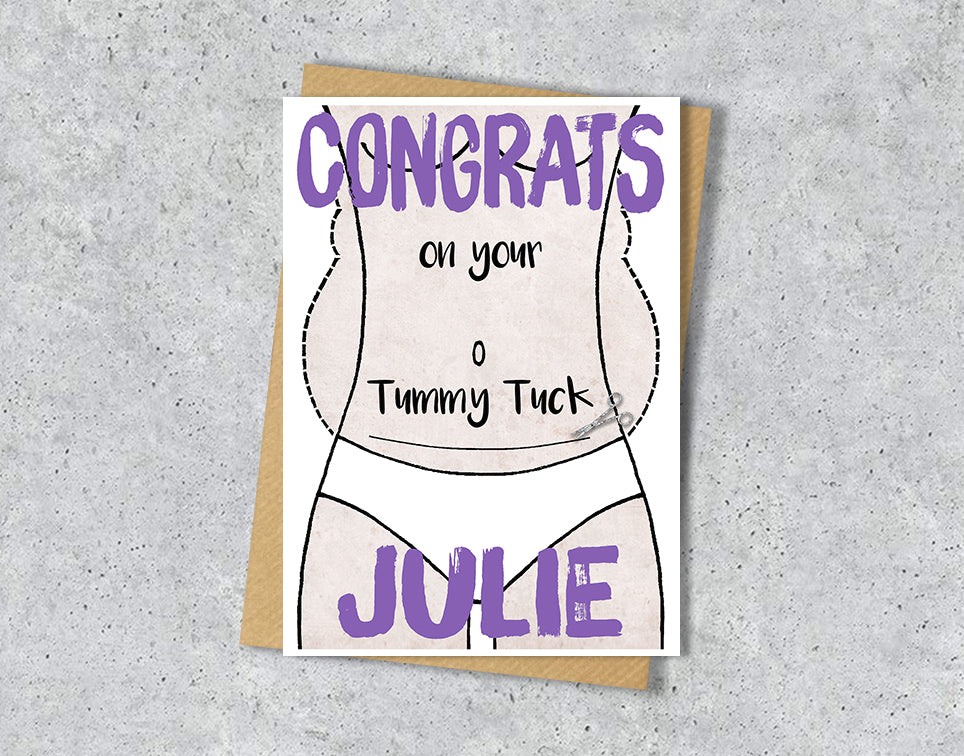 Greeting card with a tummy tuck illustration saying "congrats on your tummy tuck" with personalised text.