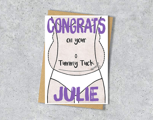 Greeting card with a tummy tuck illustration saying "congrats on your tummy tuck" with personalised text.