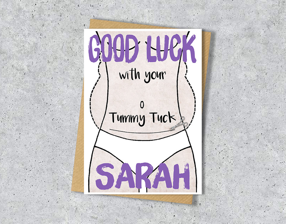 Greeting card with a tummy tuck illustration saying "Good luck with your tummy tuck" with personalised text.