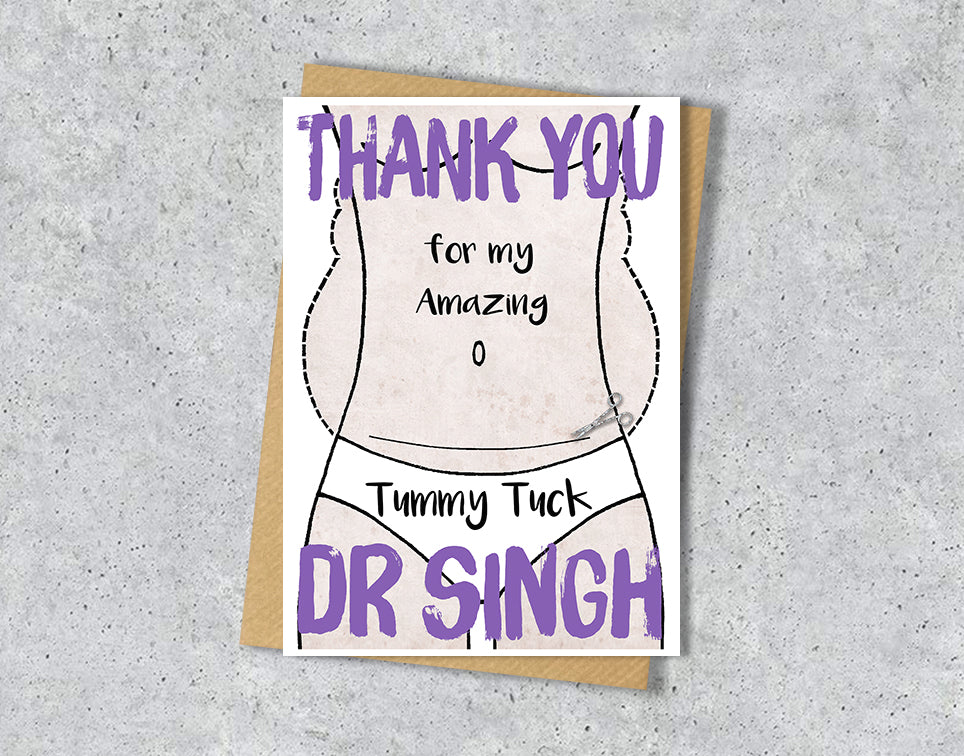 Greeting card with a tummy tuck illustration saying "Thank you for my amazing tummy tuck" with personalised text.