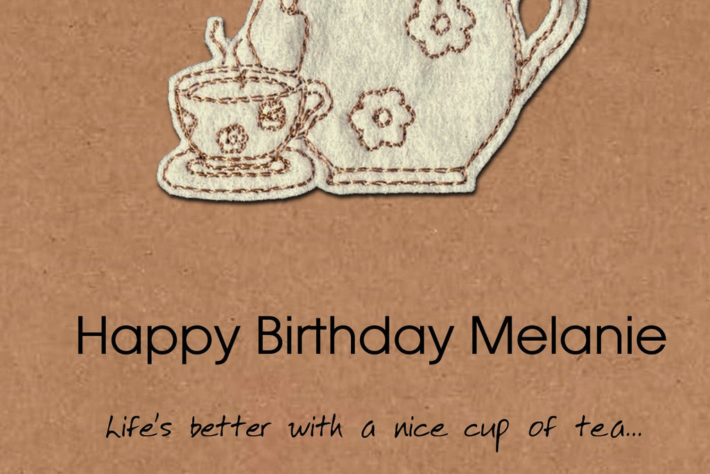 Personalised Cup of Tea Birthday Card,  Embroidered Decal, Minimalist Design, Kraft Eco Friendly Gift Card