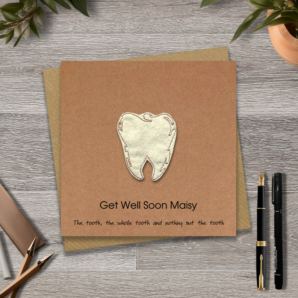 Kraft get well dental surgery card with a embroidered tooth design and personalised text