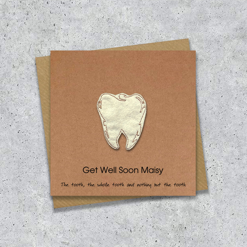Kraft get well dental surgery card with a embroidered tooth design and personalised text