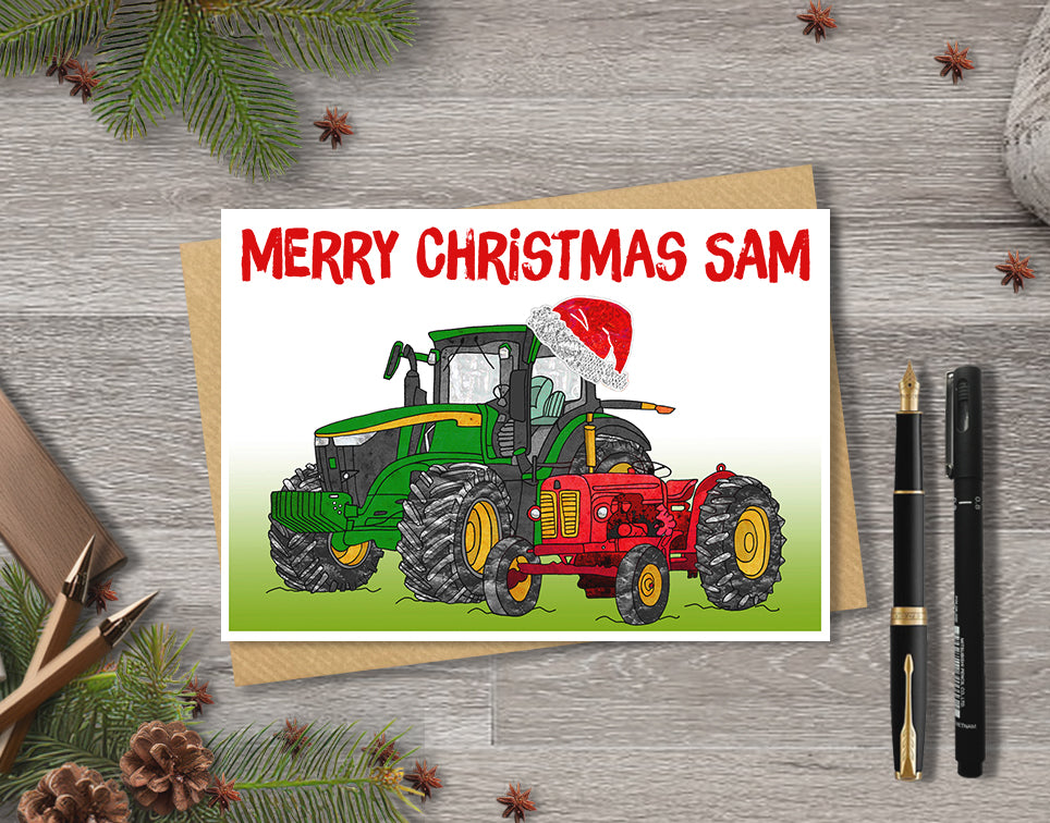 Personalised Tractor Christmas A5 Card, Retro Tractor Enthusiast Farmer Xmas Card
