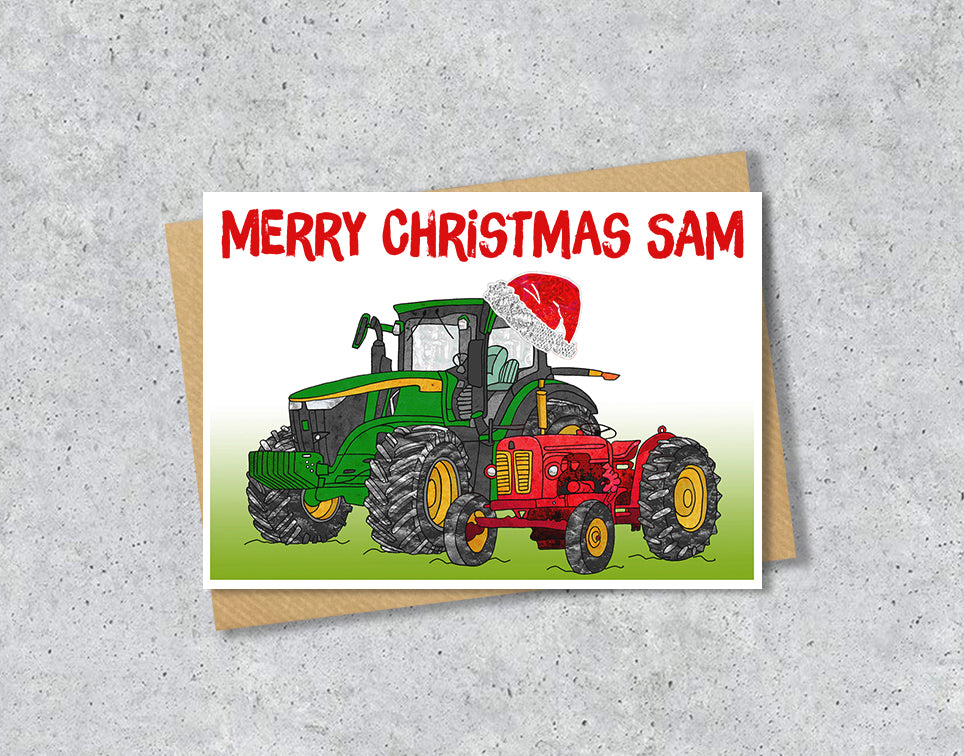 Personalised Tractor Christmas A5 Card, Retro Tractor Enthusiast Farmer Xmas Card