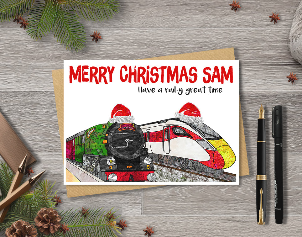Train Christmas A5 Card, Personalised Rail Enthusiast Retro Xmas Card