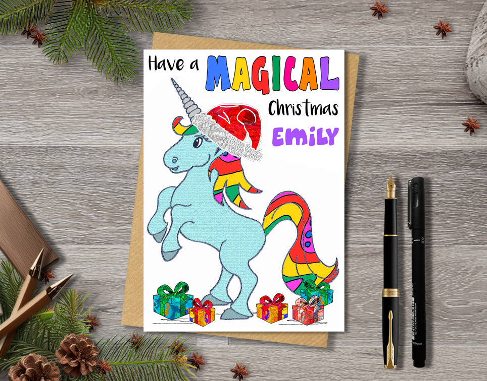 Unicorn Christmas Card, A5 Personalised Greeting Card