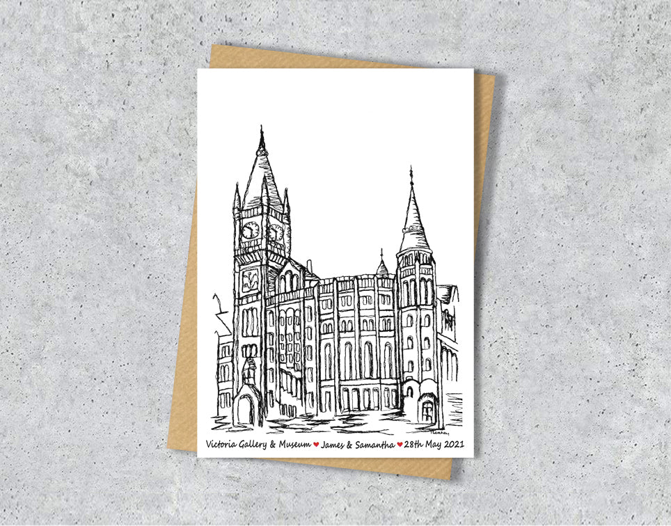 Wedding / Anniversary card with a black and white textile illustration of Victoria Gallery and Museum Liverpool with personalised text.
