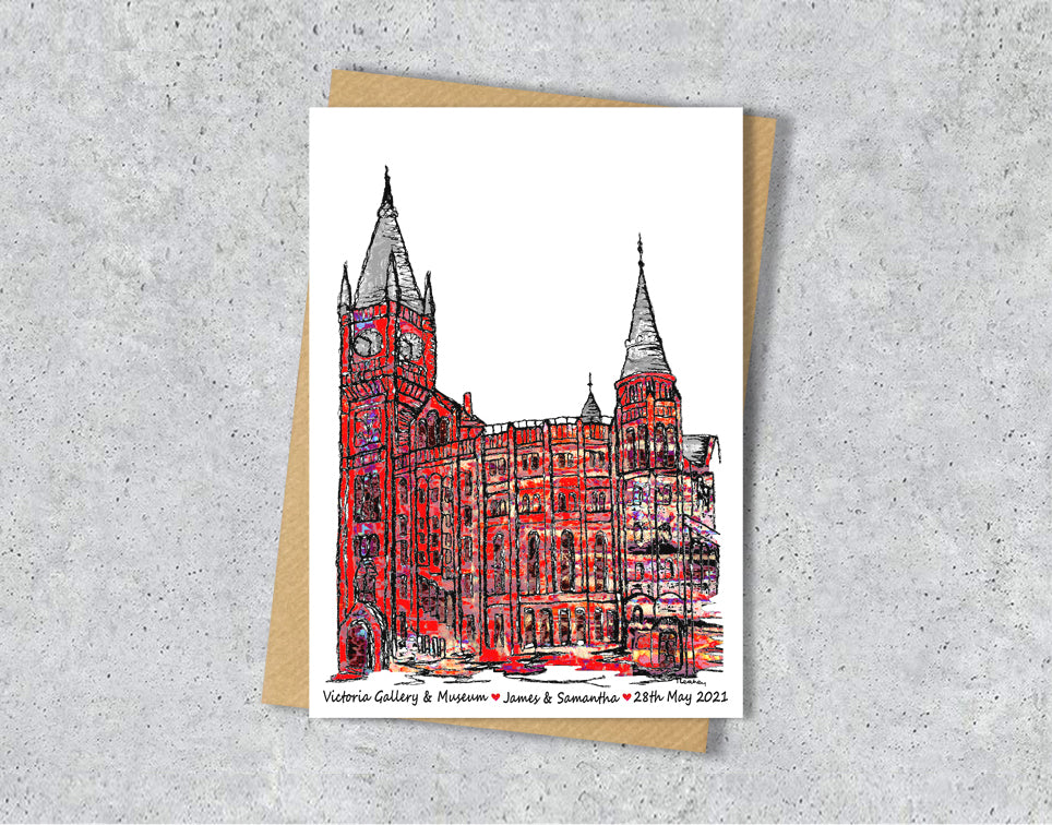 Wedding / Anniversary card with a textile illustration of Victoria Gallery and Museum Liverpool with personalised text.