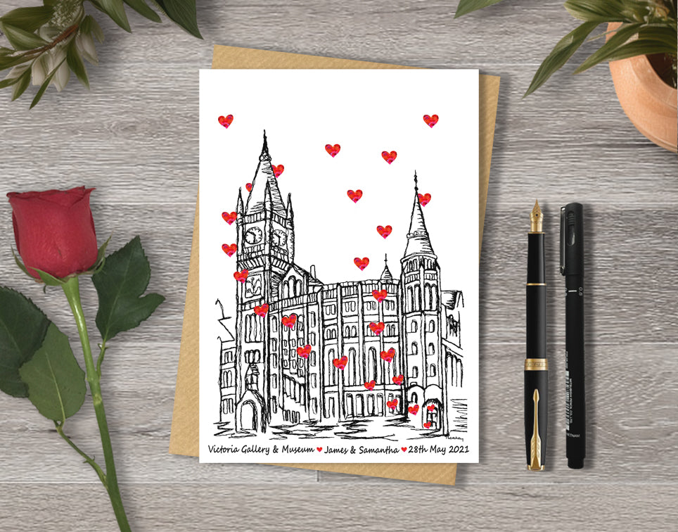 Wedding / Anniversary card with a black and white textile illustration of Victoria Gallery and Museum Liverpool and red hearts with personalised text.