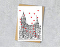 Wedding / Anniversary card with a black and white textile illustration of Victoria Gallery and Museum Liverpool and red hearts with personalised text.