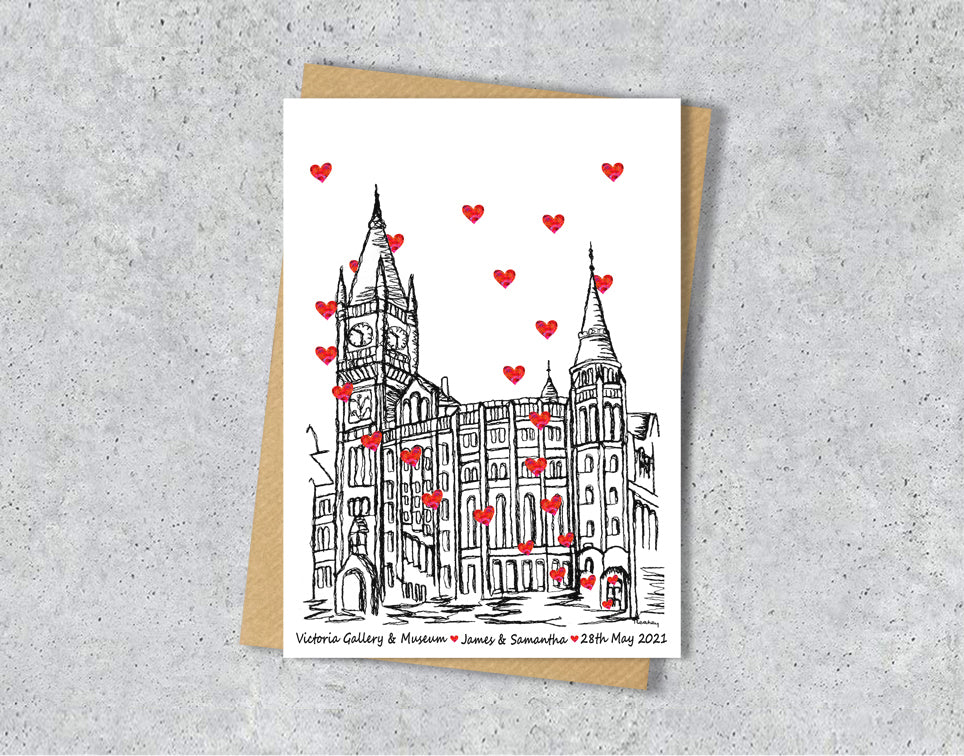 Wedding / Anniversary card with a black and white textile illustration of Victoria Gallery and Museum Liverpool and red hearts with personalised text.