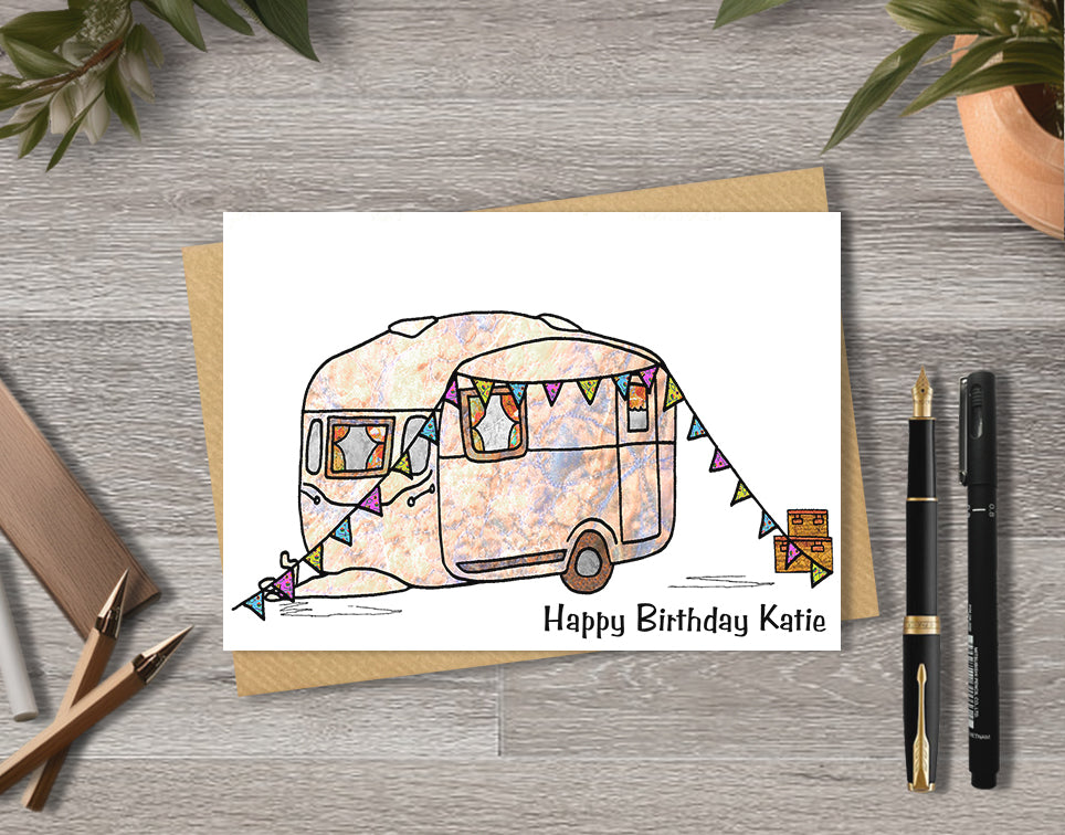 Birthday card with camper illustration with personalised text.
