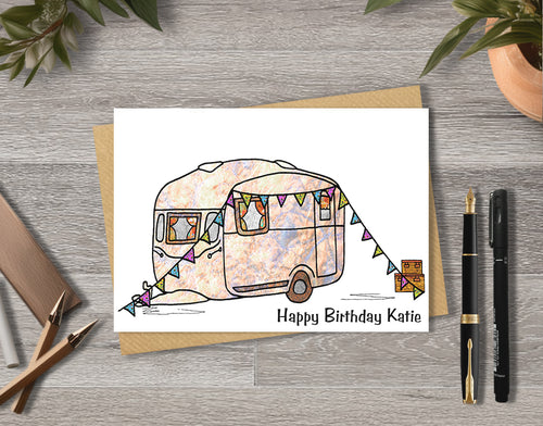Birthday card with camper illustration with personalised text.
