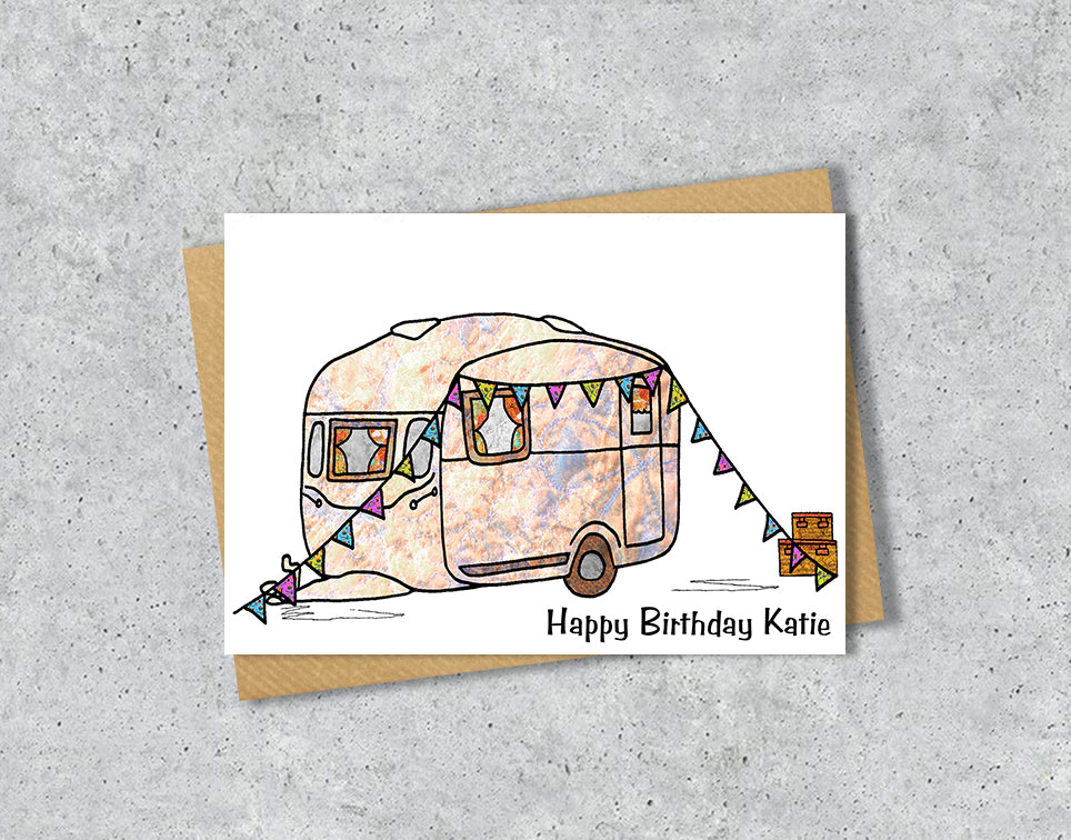 Greeting card with a camper illustration and 'Happy Birthday Katie' text.