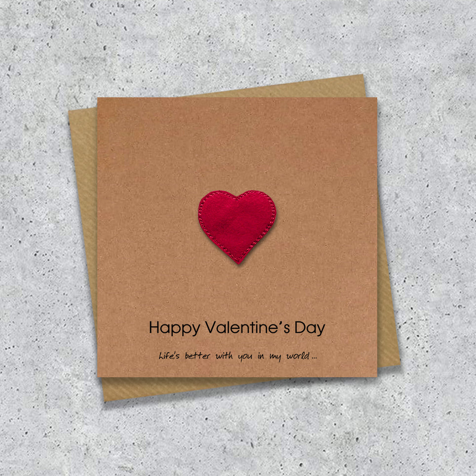 Kraft valentines card with a embroidered heart design and 
text