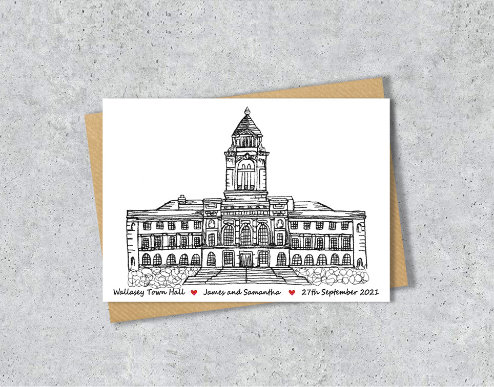 Wedding / Anniversary card with a black and white textile illustration of Wallasey Town Hall Wirral with personalised text.