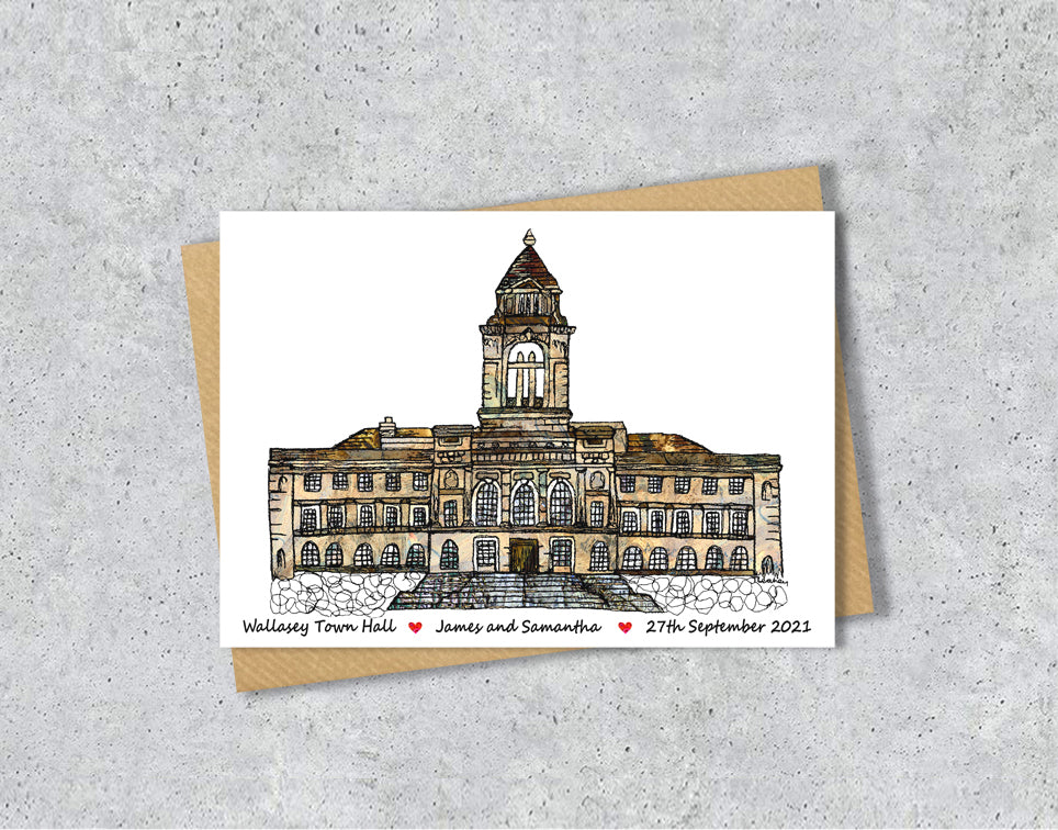 Wedding / Anniversary card with a textile illustration of Wallasey Town Hall Wirral with personalised text.