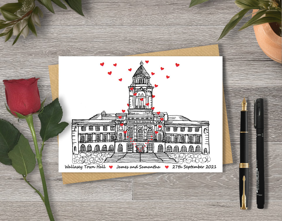 Wedding / Anniversary card with a black and white textile illustration of Wallasey Town Hall Wirral and red hearts with personalised text.