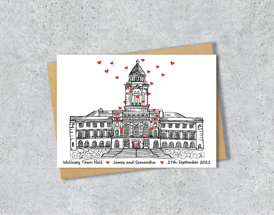 Wedding / Anniversary card with a black and white textile illustration of Wallasey Town Hall Wirral and red hearts with personalised text.