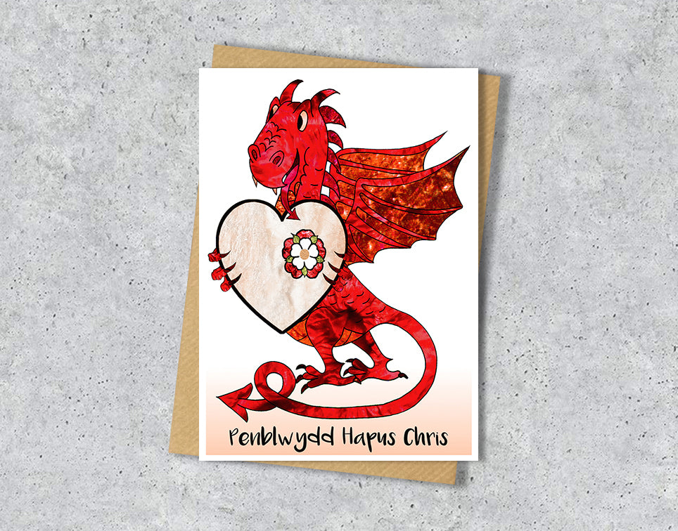 Welsh Birthday card with a red dragon design and a heart with personalised text.