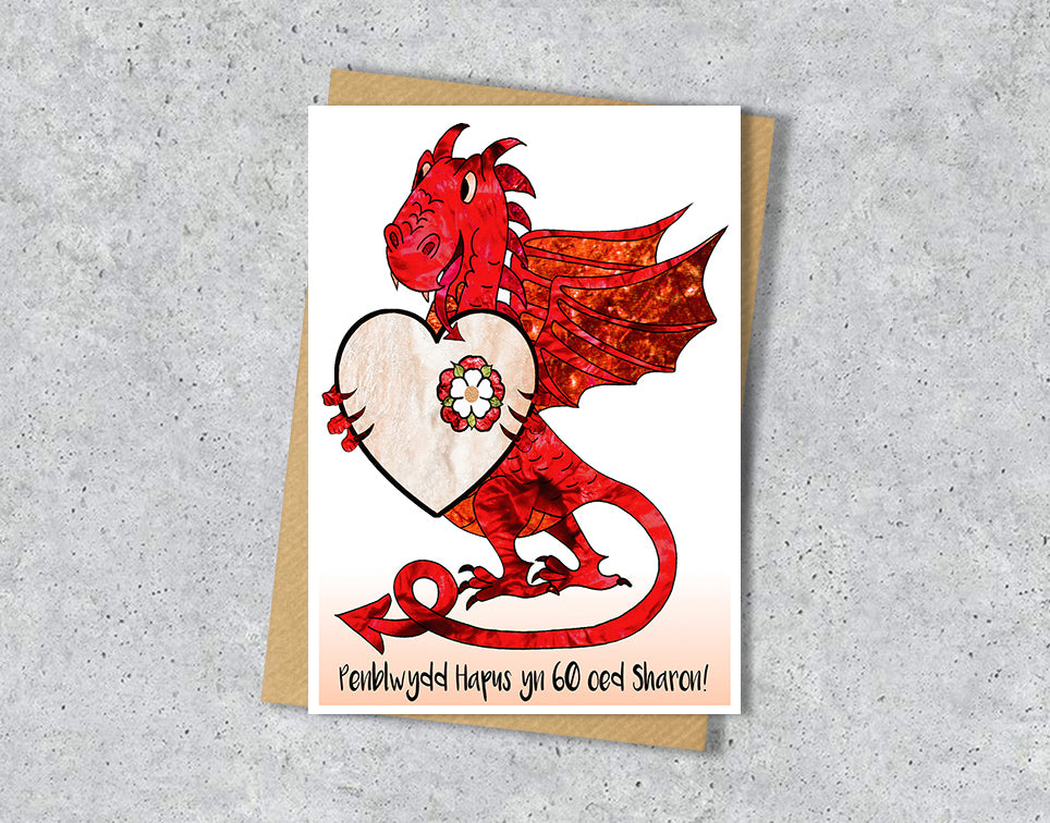 Welsh Birthday card with a red dragon design and a heart with personalised text.