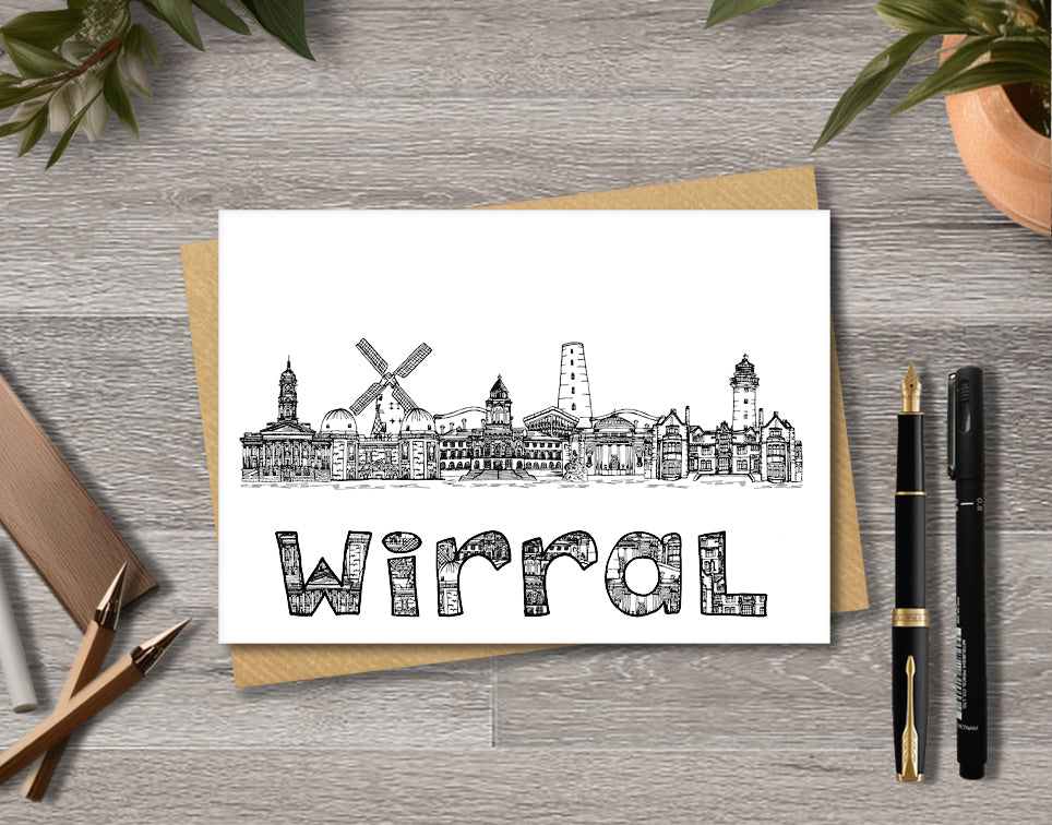 Wirral Skyline, Black and White A6 Card